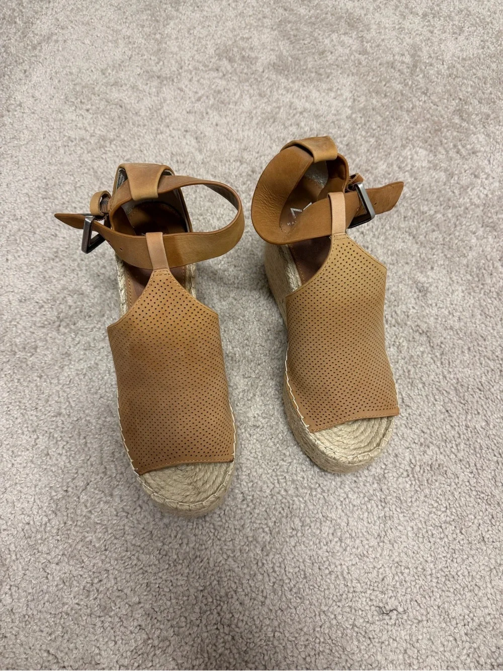 Marc Fisher Perforated Tan Espadrille Wedges with Ankle Strap